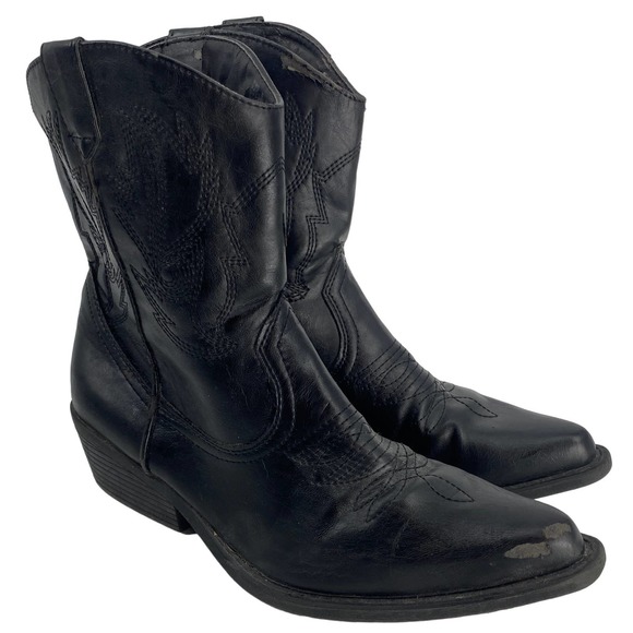 SO Shoes - Womens SZ 8 Cowboy Western Ankle Pointed toe short black Faux leather Boots
